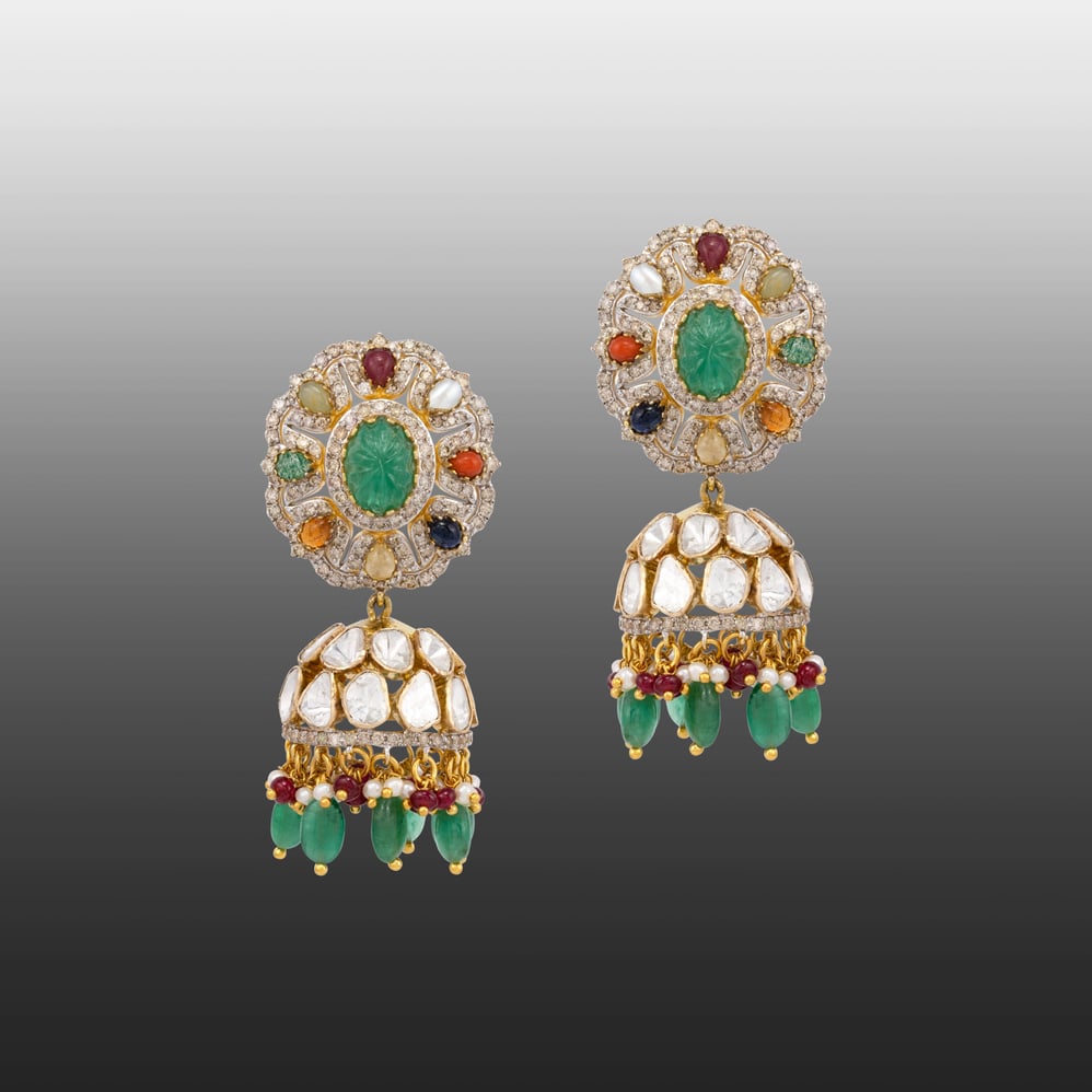 Carved Emerald Navratan Jhumki with Polki Dome